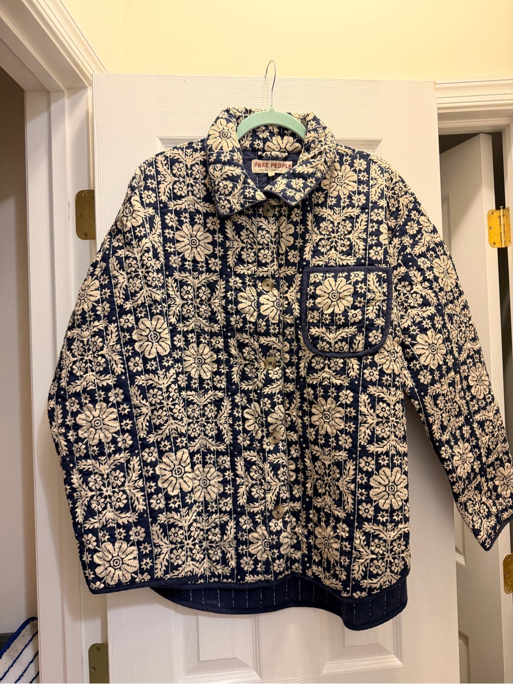 Free People Navy & Cream Quilted Floral Jacket